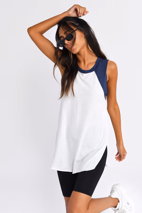 Go With Me Side Slit Top - Ivory & Blue