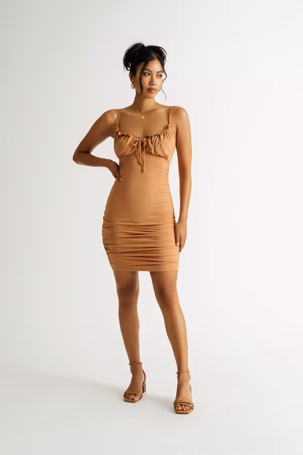 Dani Ruched Front Tie Mini Dress - Toffee Brown