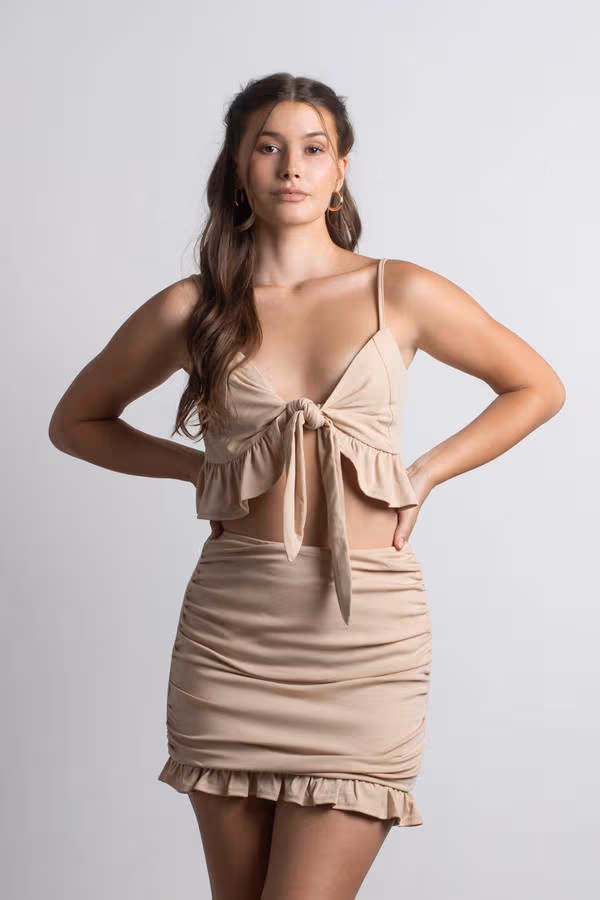 True Confessions Ruffle Crop Top and Mini Skirt Set - Beige