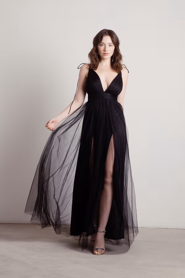 Slay The Night Deep V Double High Slit Maxi Dress - Black