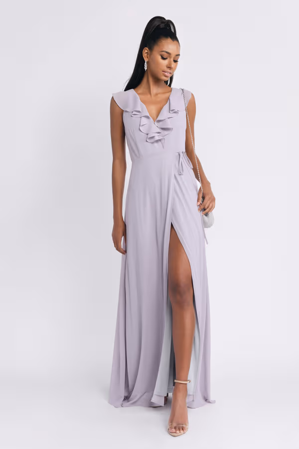 Treasure Me Plunging High Slit Maxi Dress - Slate
