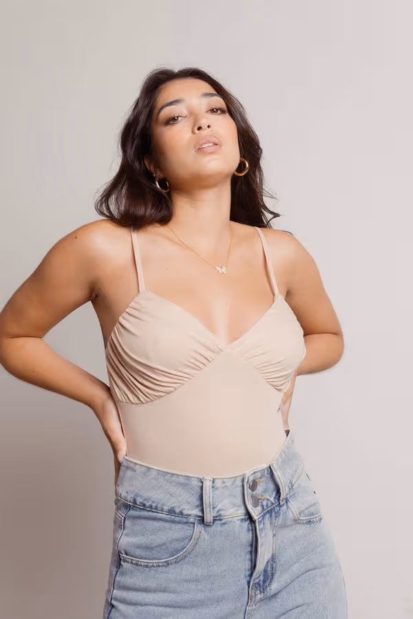 One Wish Ruched Bust Bodysuit - Beige