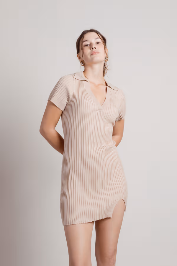Edie Collared Sweater Mini Dress - Beige