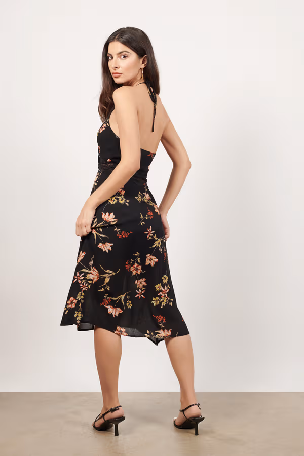 Take Me Away Floral Lace Waist Midi Dress - Black Multi