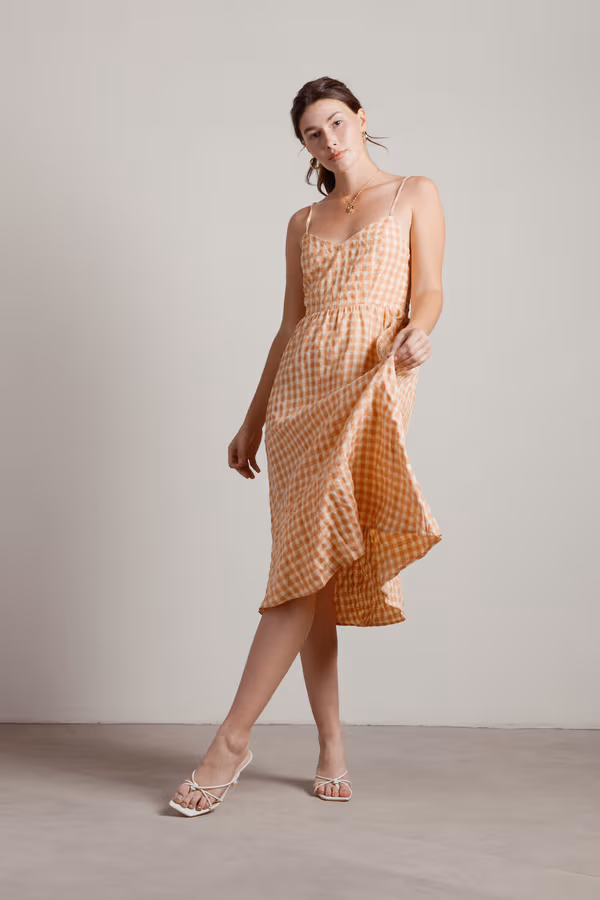 Picnic At The Cottage Gingham Cami Midi Dress - Peach Orange