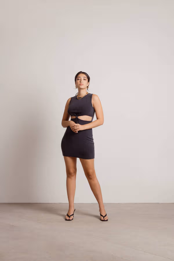 Underneath It All Front Knot Cutout Mini Dress - Washed Black