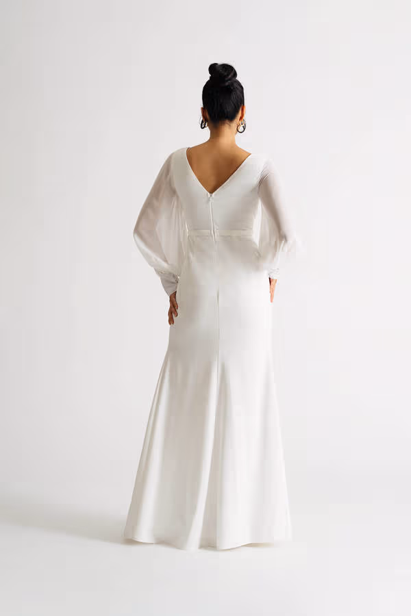 Ladies Only Ivory Sheer Long Sleeve Slit Maxi Dress