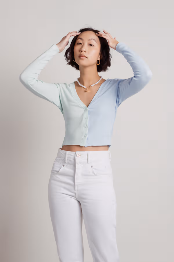Half and Half Crop Cardigan - Mint-Blue