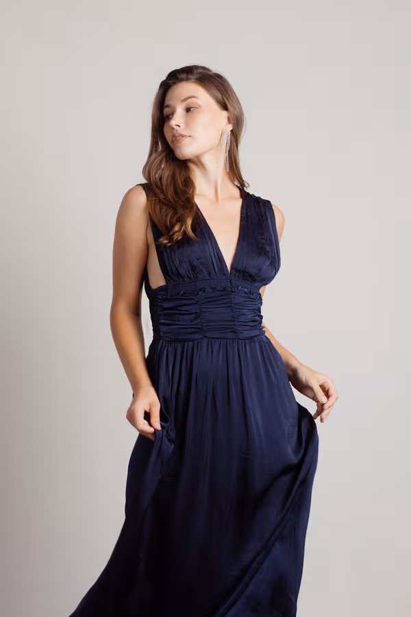 Goddess Satin Smocked Maxi Dress - Navy