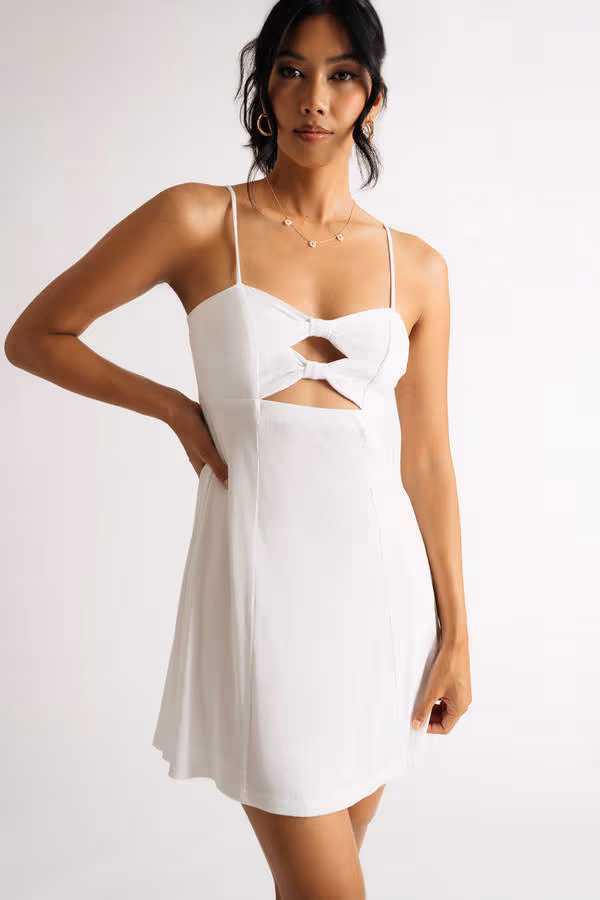 Maira Off White Ribbed Bow Tie Cutout Mini Dress