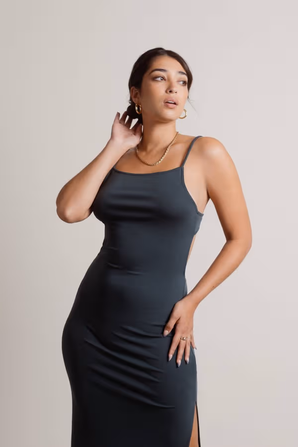 Stacie Open Back Slit Midi Dress - Black