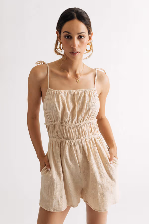 Go For It Cream Textured Ruched Romper