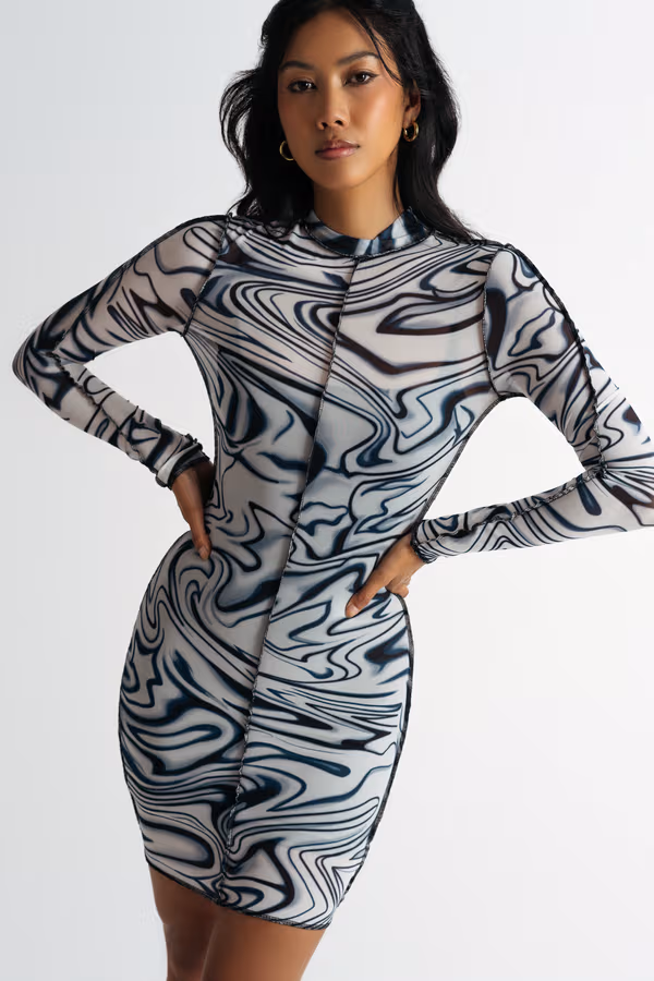 Waverly Wave Sheer Exposed Stitch Mini Dress - Black and White