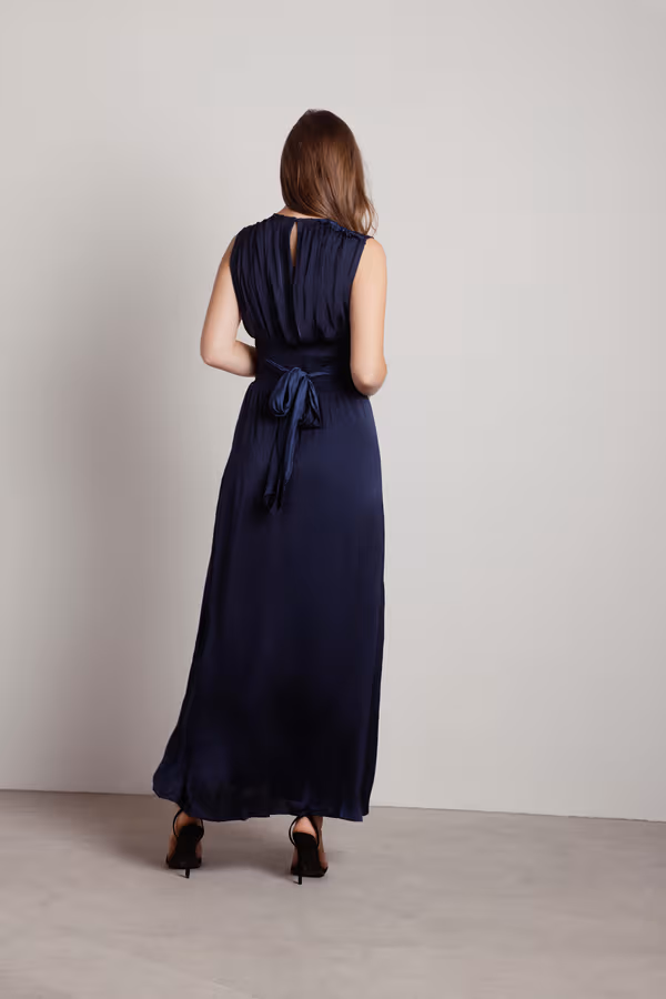 Goddess Satin Smocked Maxi Dress - Navy