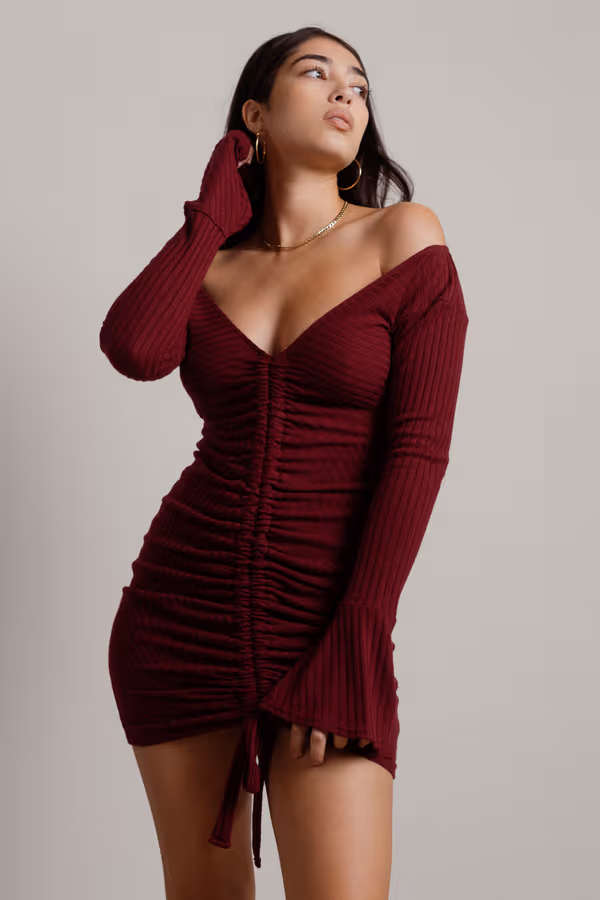 Brandi Ruched Bell Sleeve Mini Dress - Burgundy