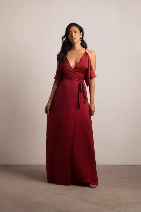 Feeling The Night Satin Cold Shoulder Maxi Dress - Wine