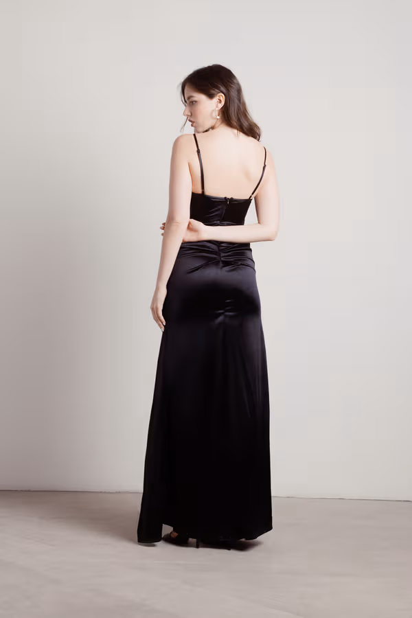 Knightly Dreams Satin High Slit Maxi Dress - Black
