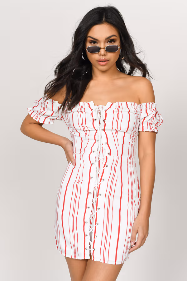 Nikki Lace Up Off The Shoulder Mini Dress - Red