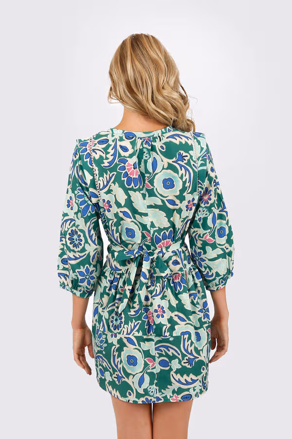 Viviana Floral Belted Mini Dress - Green Multi