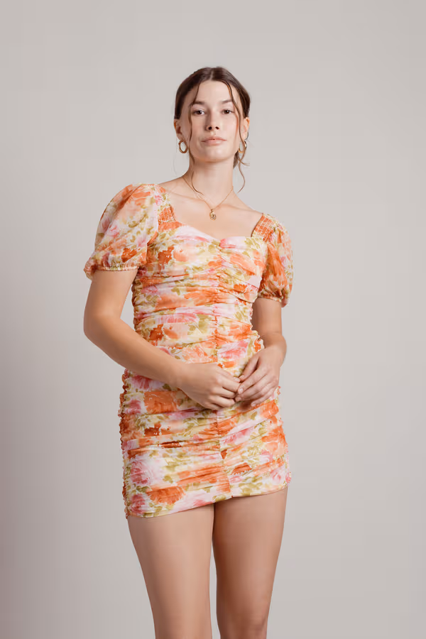 April Floral Puff Sleeve Mini Dress - Coral