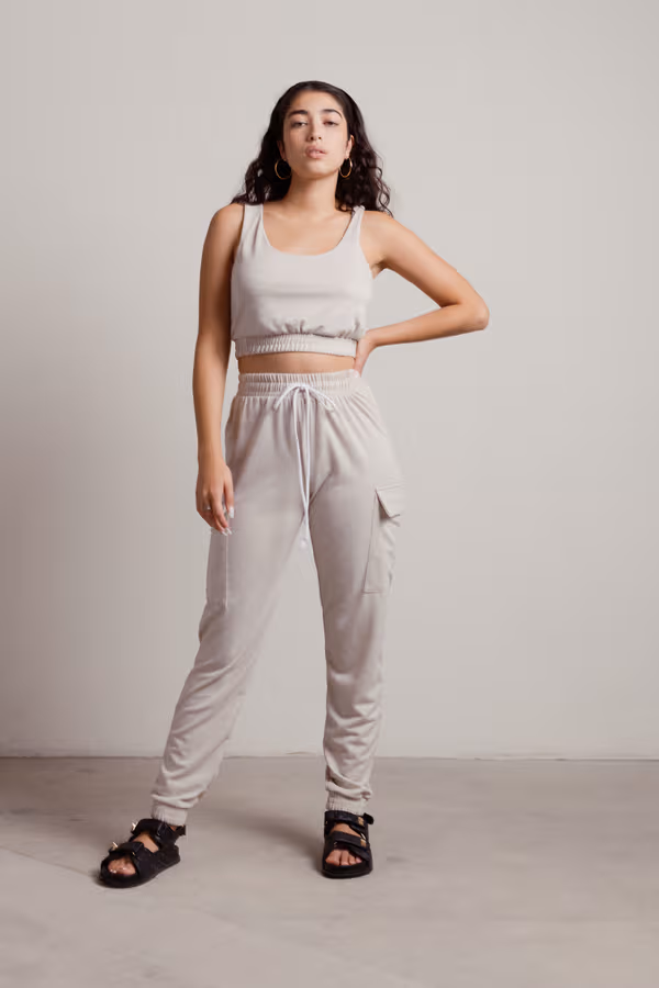 Another Listen Crop Top and Sweatpants Lounge Set - Beige