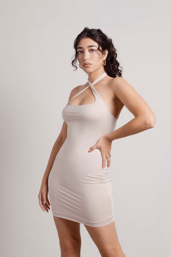 Emmie Cross Halter Bodycon Mini Dress - Beige