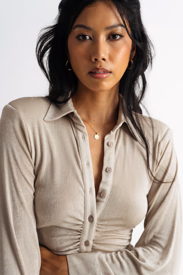 Lean On Me Button Up Bodycon Mini Dress - Beige