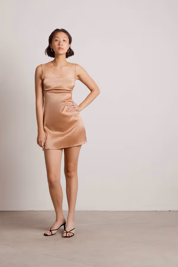 Nothing But Trouble Satin Open Back Mini Dress - Tan