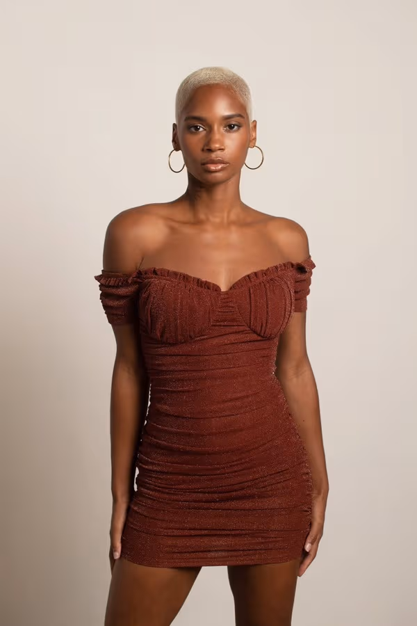Stay Around Metallic Bustier Mini Dress - Brown
