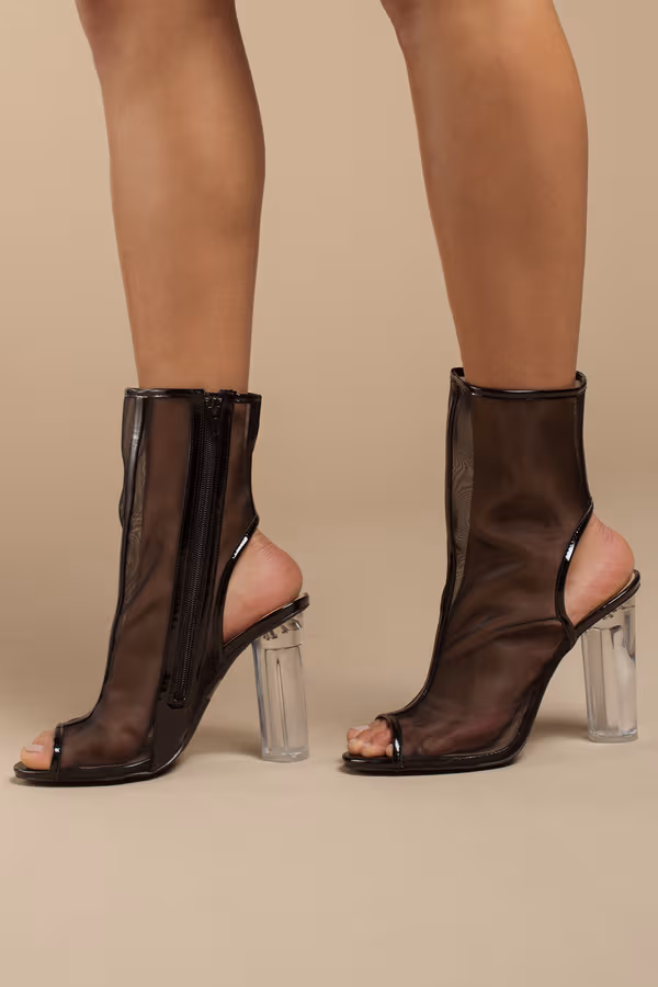 Mesh Around Peep Toe Mid Calf Boots - Black