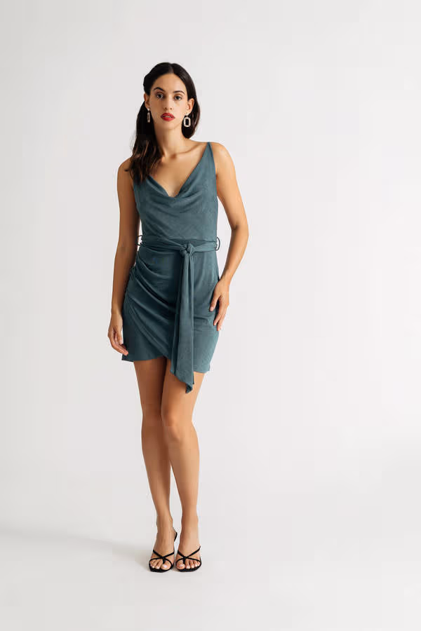 Kimmy Cowl Neck Wrap Mini Dress - Teal
