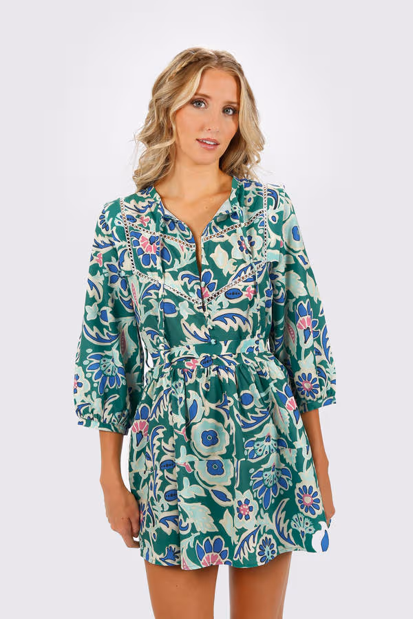 Viviana Floral Belted Mini Dress - Green Multi
