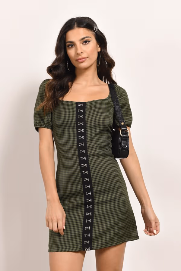 Aisha Hook and Eye Gingham Mini Dress - Green