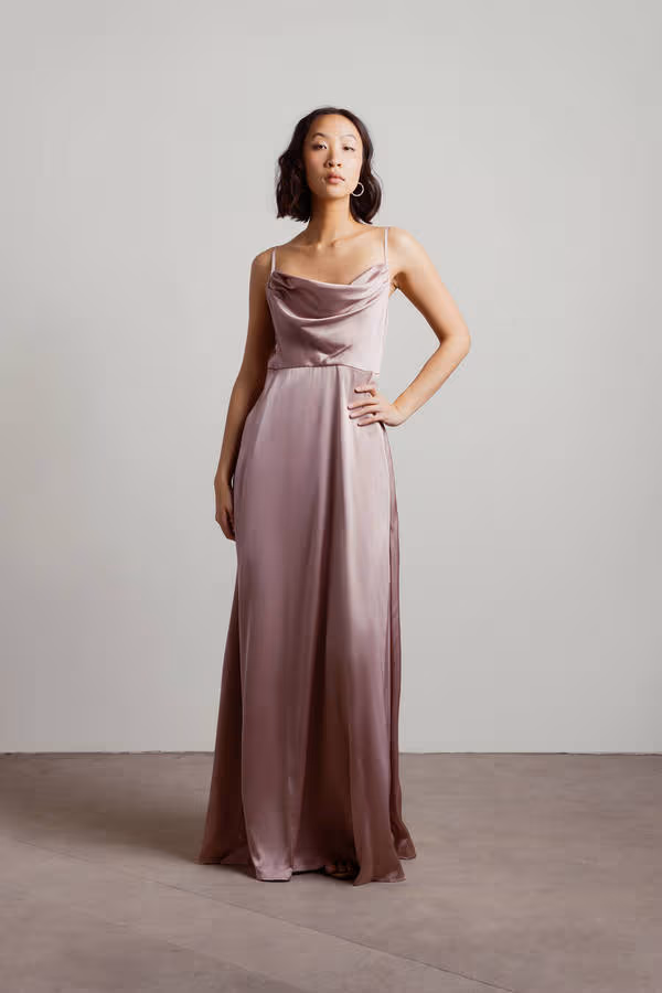 Alessandra Mauve Cowl Neck Satin Maxi Dress