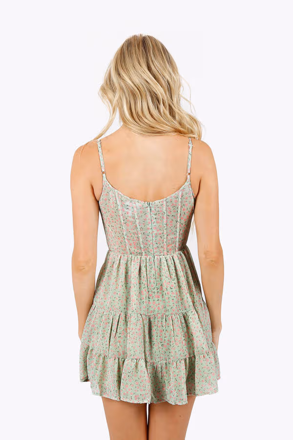 Charlaine Floral Bustier Mini Dress - Cucumber Gimblet