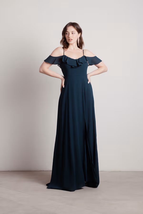 Just Yearning Off The Shoulder Slit Maxi Dress - Emerald
