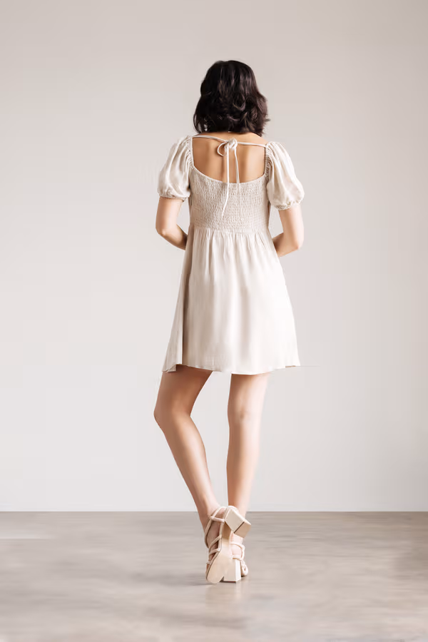 Yvette Puff Sleeve Skater Mini Dress - Beige