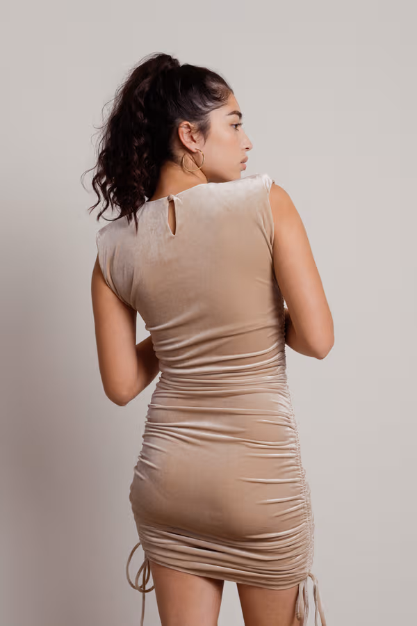 In My Feels Velvet Ruched Mini Dress - Nude