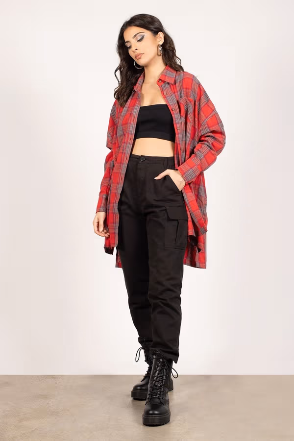 Plaid To The Bone Button Up Top - Red