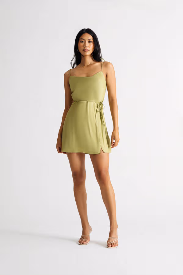 Hestia Green Satin Cowl Neck Tie Strap Slip Dress