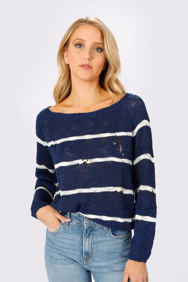 College Ruled Distressed Sweater - Navy & Ivory