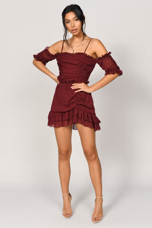 Just Met You Ruffle Cold Shoulder Mini Dress - Wine