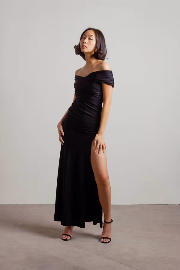 Aurora Divine Black Off Shoulder Slit Maxi Dress
