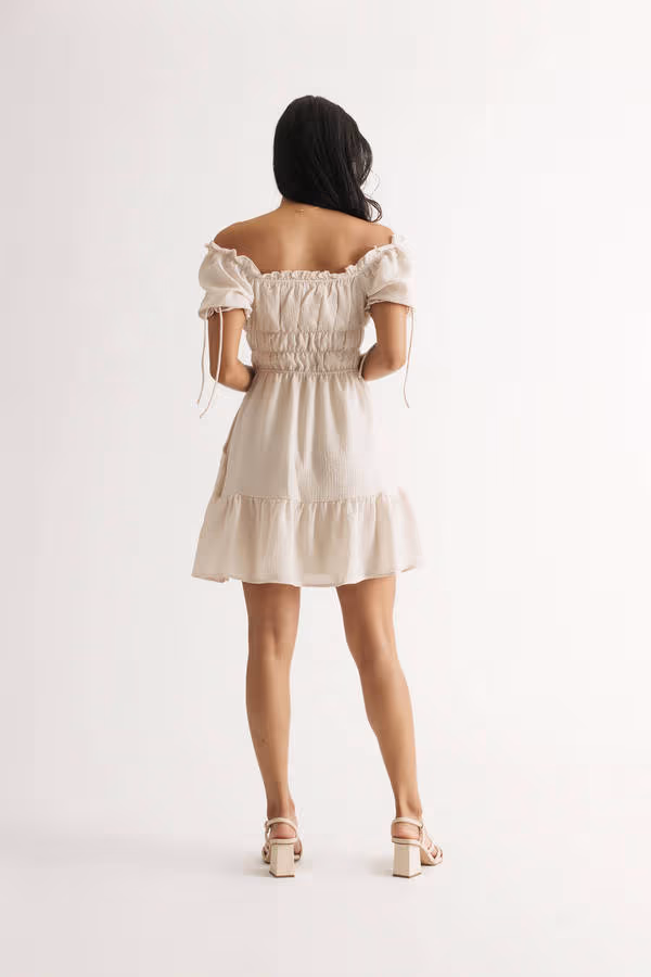 Nori Off The Shoulder Skater Mini Dress - Beige