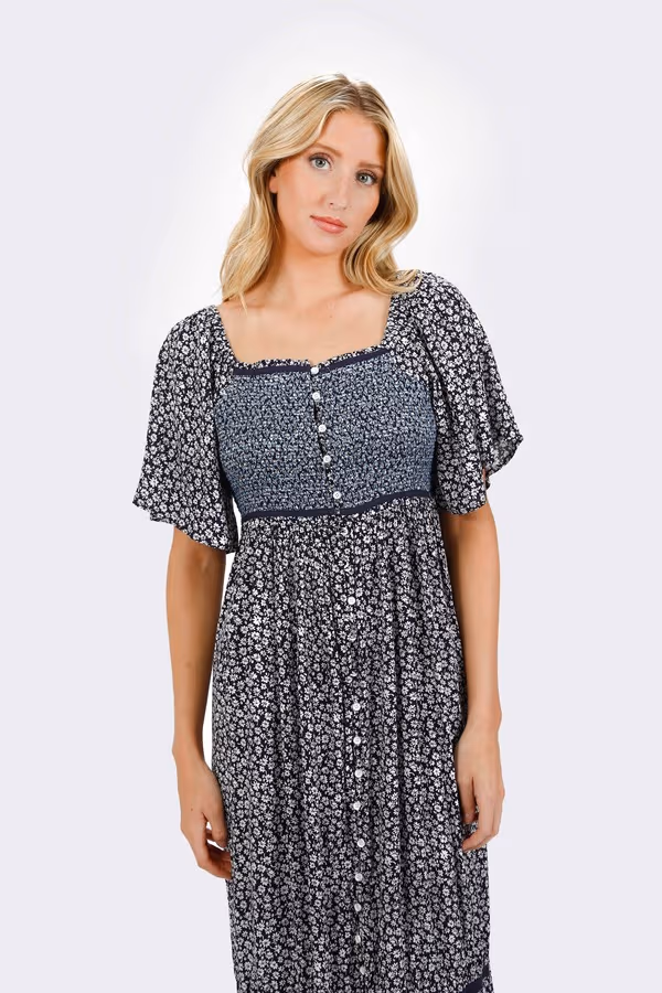 Maeve Smocked Buttoned Midi Dress - Sage