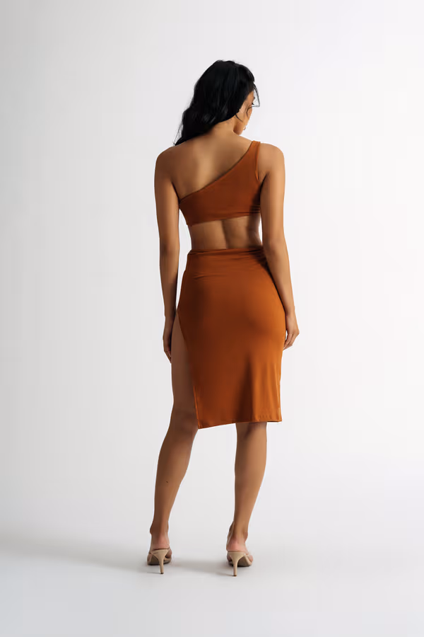 Lexi Cutout High Slit Midi Dress - Brown