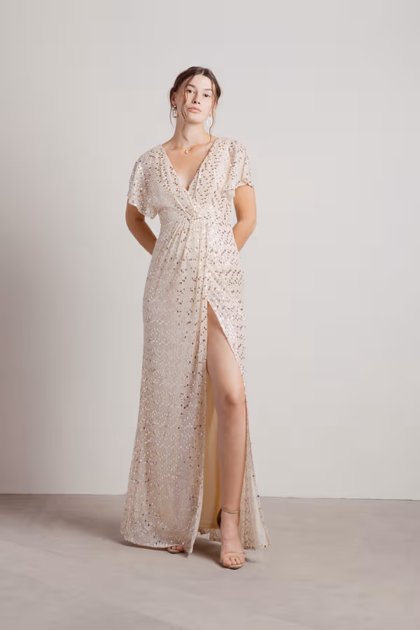 Dreaming of You Tonight Surplice Sequin Maxi Dress - Silver Beige