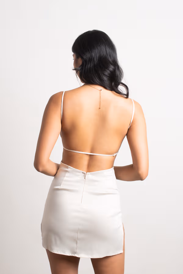 Nothing But Trouble Satin Open Back Mini Dress - Tan