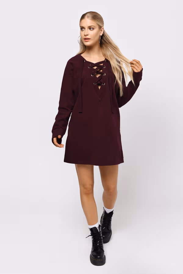 Sophia Lace Up Mini Dress - Wine