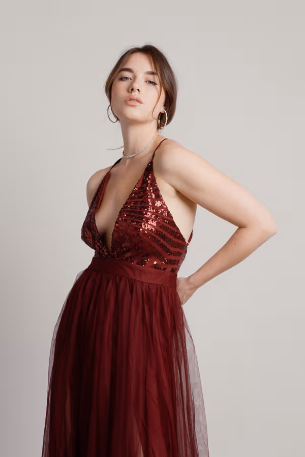 Kristina Plunging Tulle Maxi Dress - Wine